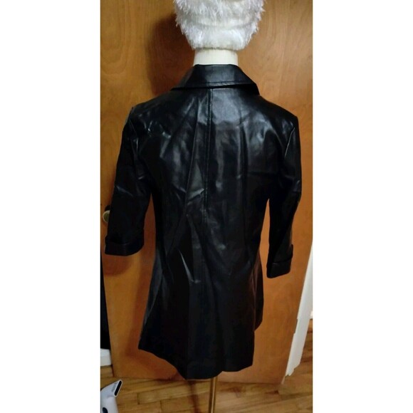 Women's SM Open Long Trench Pea Coat BLK Faux Leather JKT Lightweight Lined NEW - Picture 14 of 16
